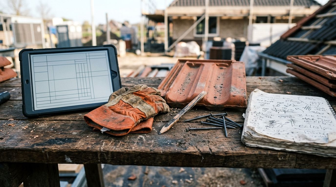 Werkstation met laptop, klembord en offertedocumenten naast een aantal dakpannen