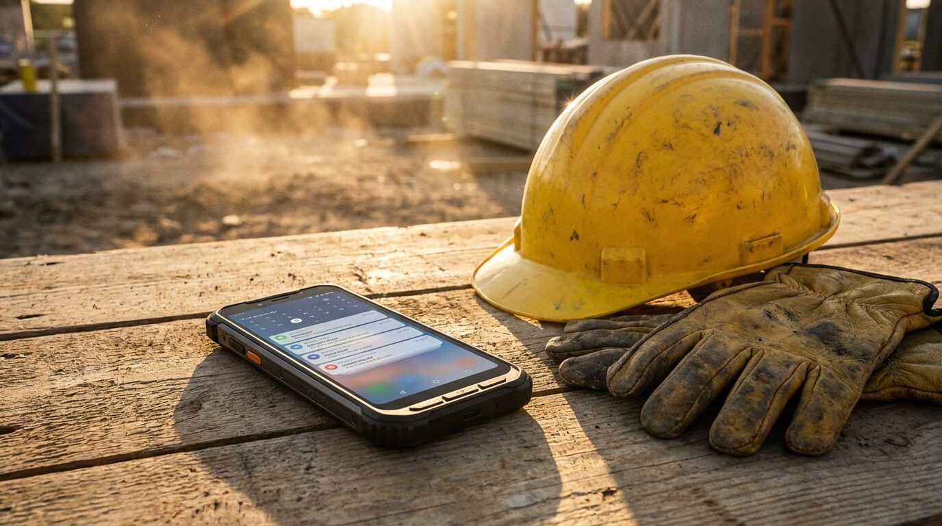Werktelefoon met agenda-meldingen naast helm en werkhandschoenen