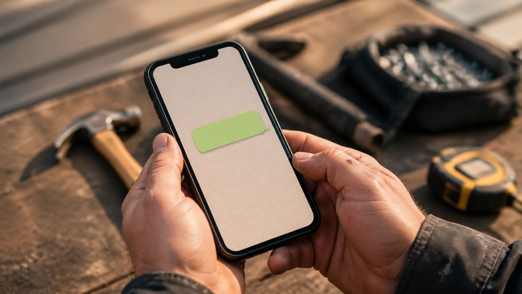 Dakdekker bekijkt op een smartphone een appbericht met afspraakbevestiging
