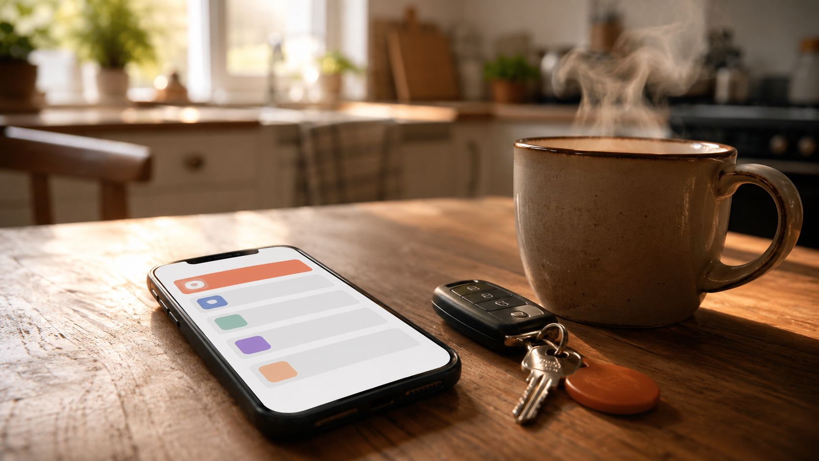 Antraciet dakpannen op een hellend dak met een smartphone die een binnenkomende melding toont, oranje accent, editorial fotografie