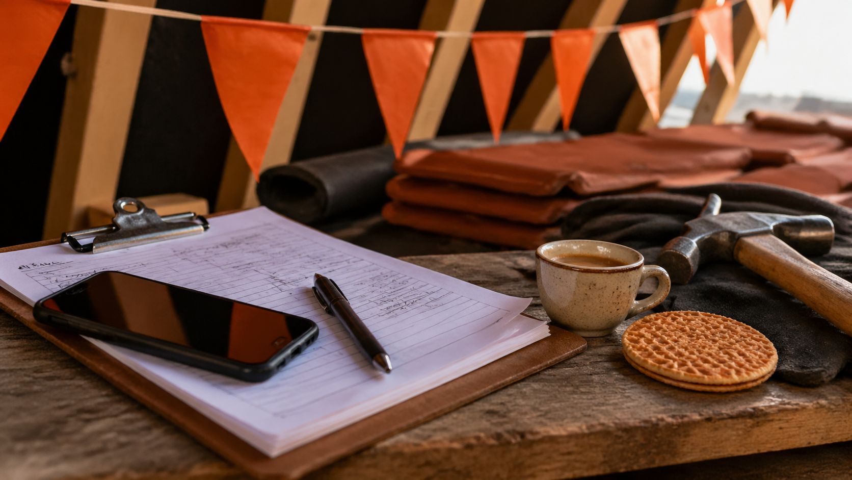 Notitieboek met handgeschreven planning op een werkbank, naast oranje Koningsdag-decoratie, smartphone en een stroopwafel