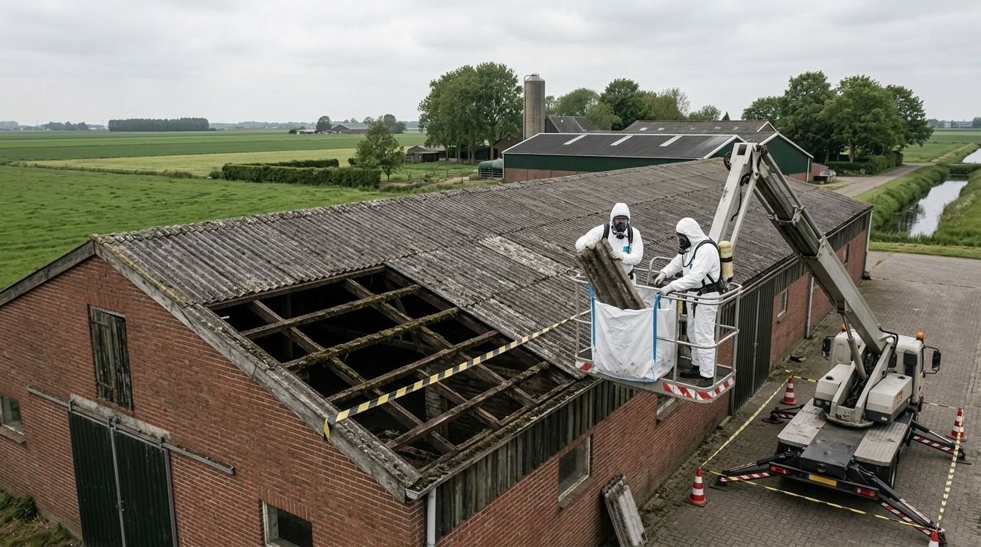 Asbestdak met cherry-picker en saneringsspecialist in beschermend pak op een Nederlandse boerderij