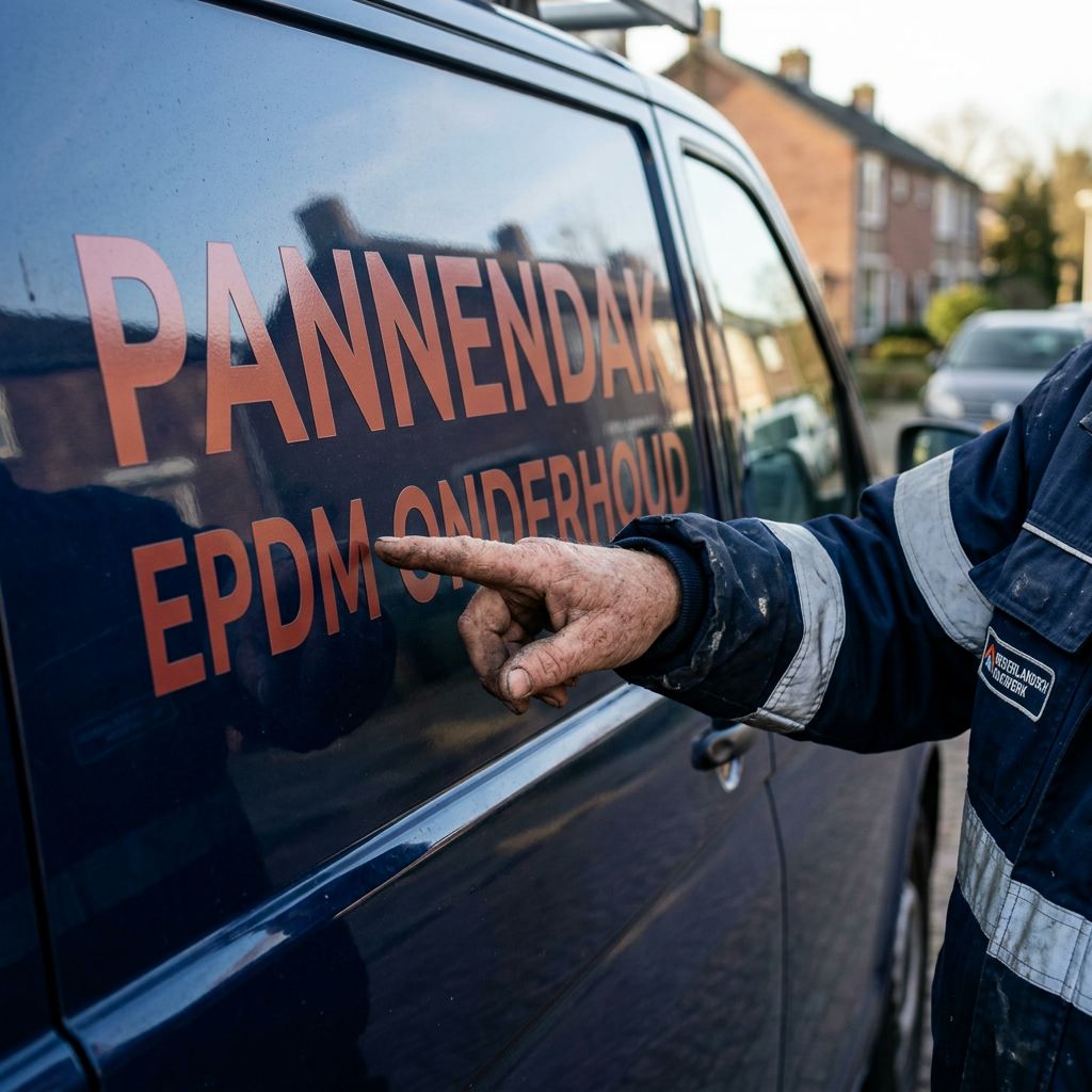 Dakdekker met gebrande bestelbus voor opdracht, logo en telefoonnummer goed leesbaar