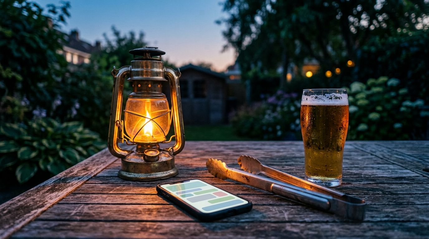Close-up van een smartphone met chatgesprek naast dakpannen op een werkbank