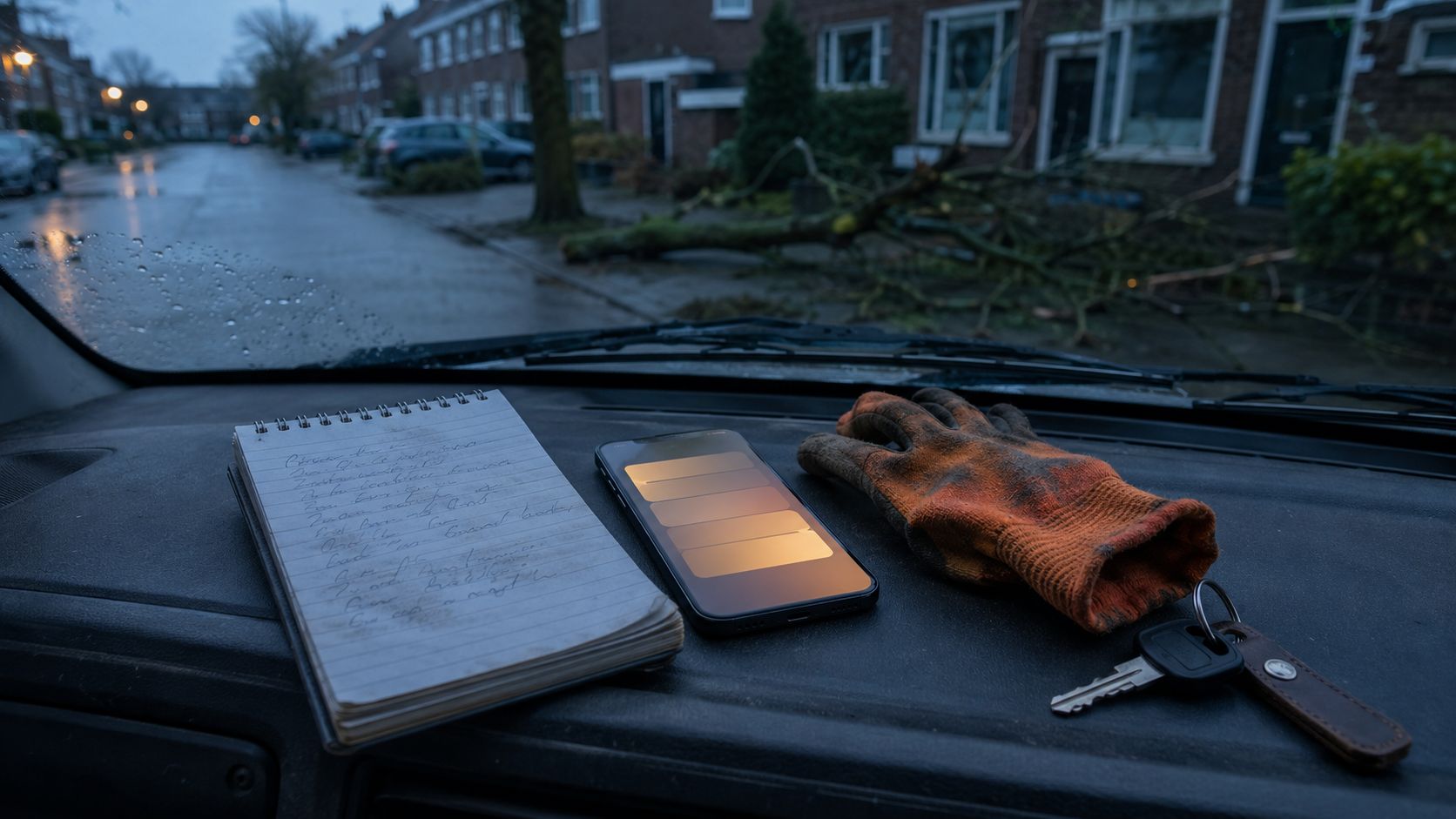 Werkbriefje met handgeschreven adres, telefoon en werkhandschoen op het dashboard van een dakdekkersbus na een storm