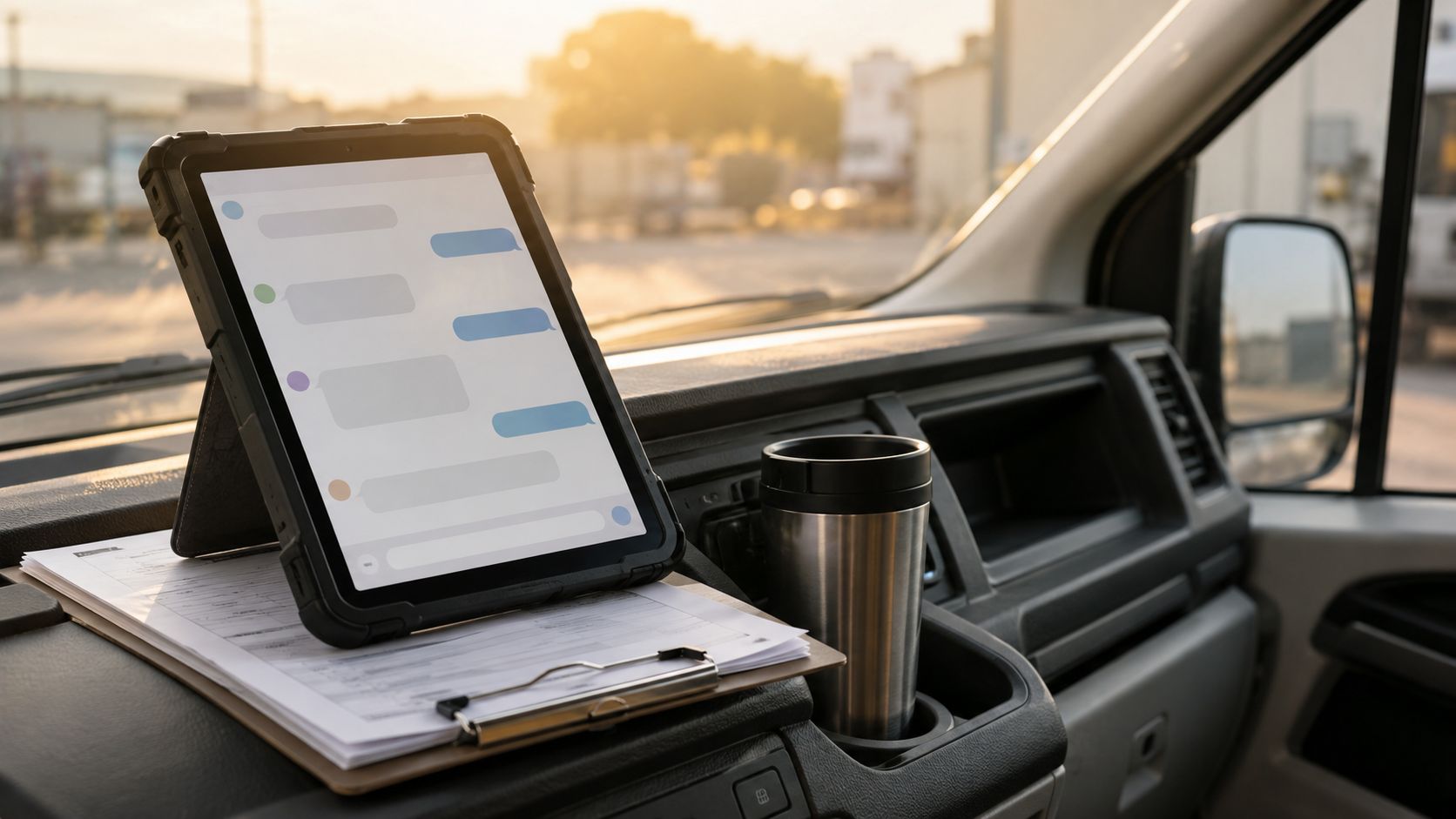 Close-up van een tablet met een geopende kennisbank naast dakpannen en gereedschap op een werkbank