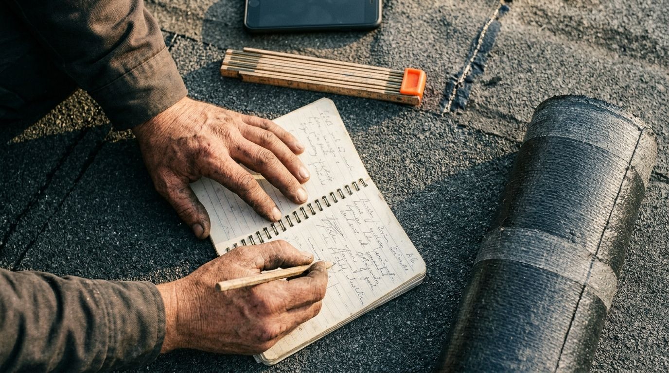 Dakdekker in werkkleding op plat dak met gereedschap en notitieblok