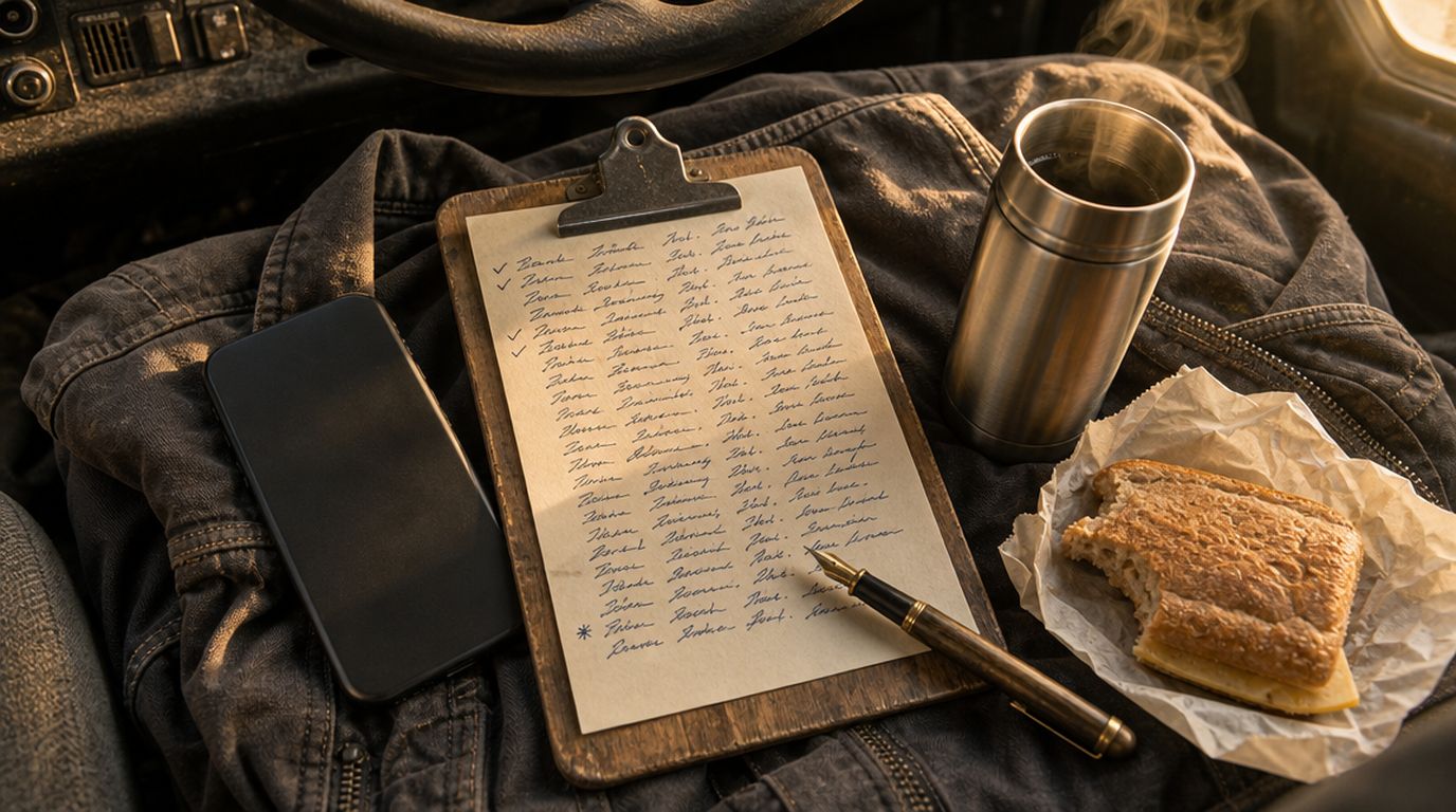 Dakdekker klant terugbellen na 6 maanden: tablet met CRM-overzicht van klantgegevens, klusdatum en herinneringsstatus op een werkbus dashboard
