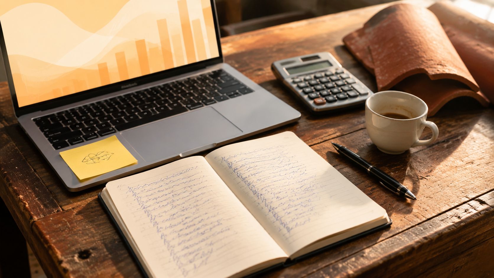 Dakdekker bekijkt marketing-dashboard op laptop met spreadsheet en gele post-it