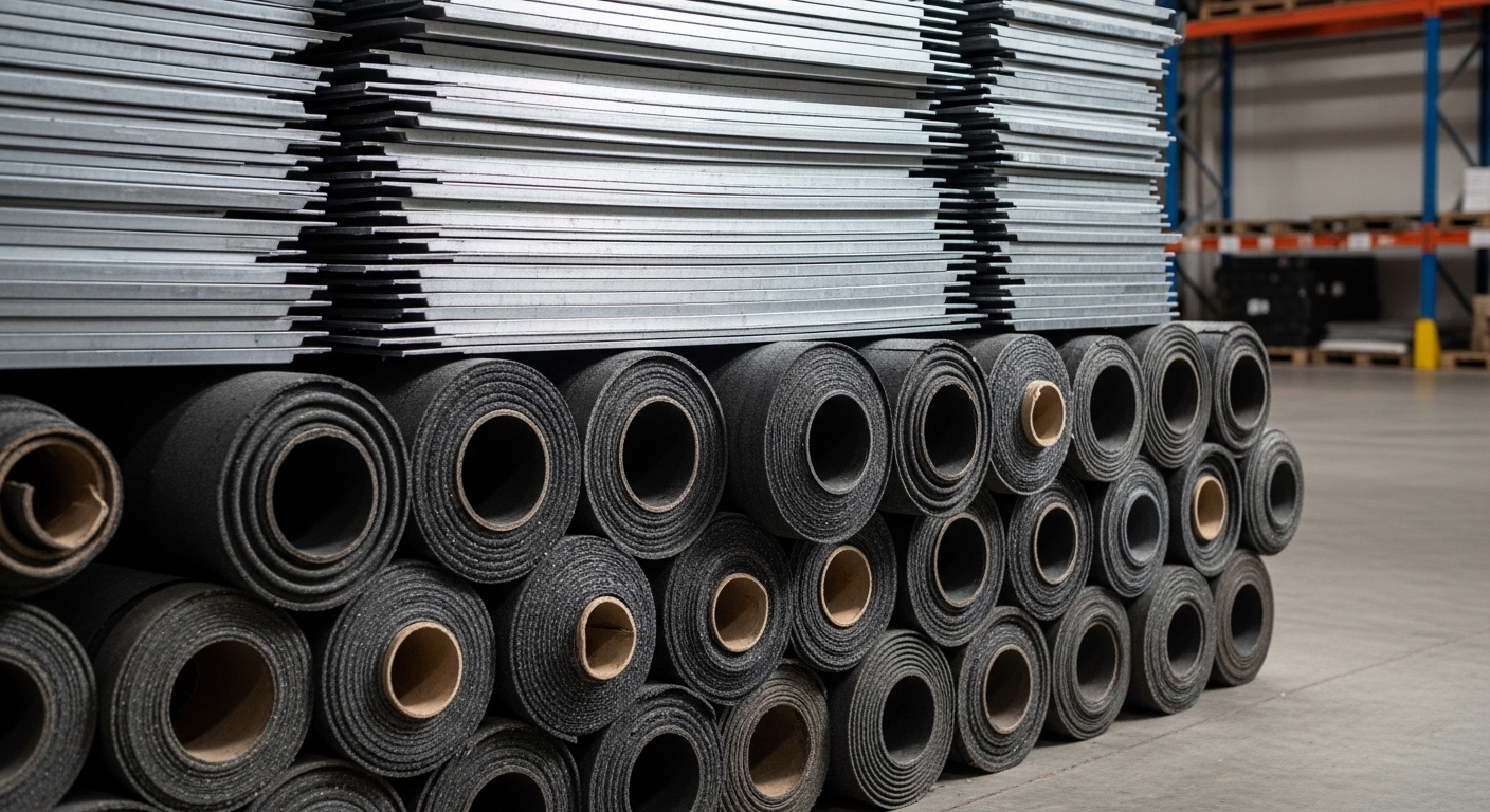 Dakbedekkingsmaterialen in een magazijn