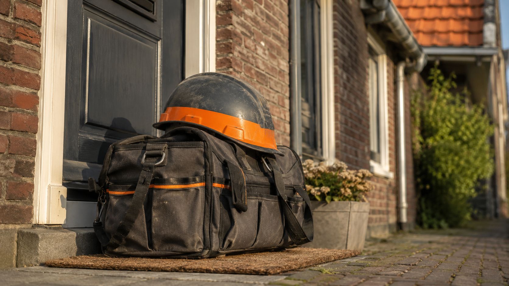 Gereedschapstas en helm met oranje band op de stoep voor een Nederlandse woning, klaar voor een dakklus