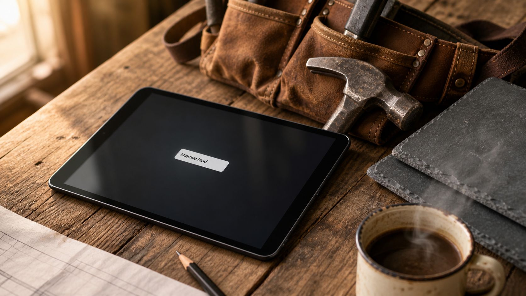 Dakdekker bekijkt website-conversie data op een tablet aan de keukentafel, koffie ernaast, ochtendlicht uit het raam