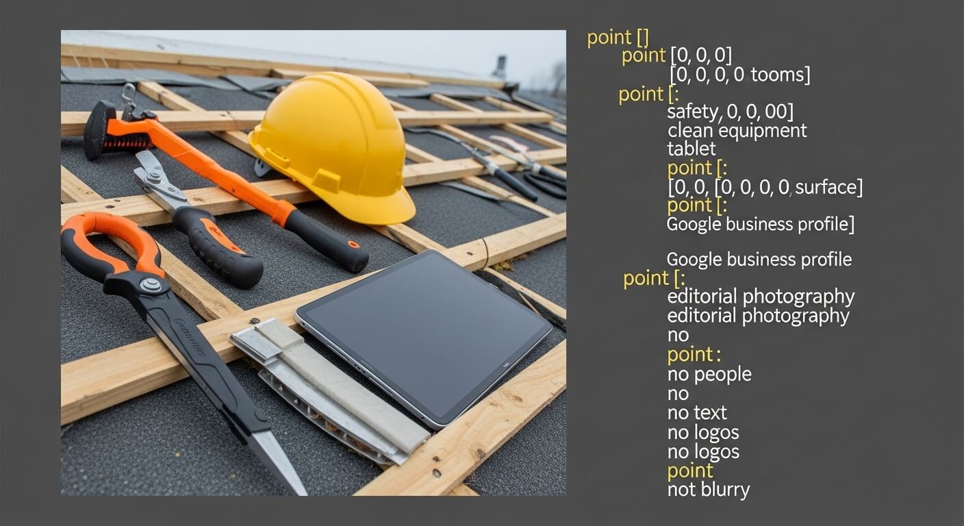 Tablet met Google Bedrijfsprofiel naast dakdekkersgereedschap