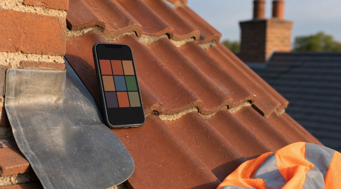 Smartphone met portfolio-thumbnails leunend tegen Hollandse rode dakpannen, met lood-slabbe en oranje veiligheidsvest aan de rand van het dak