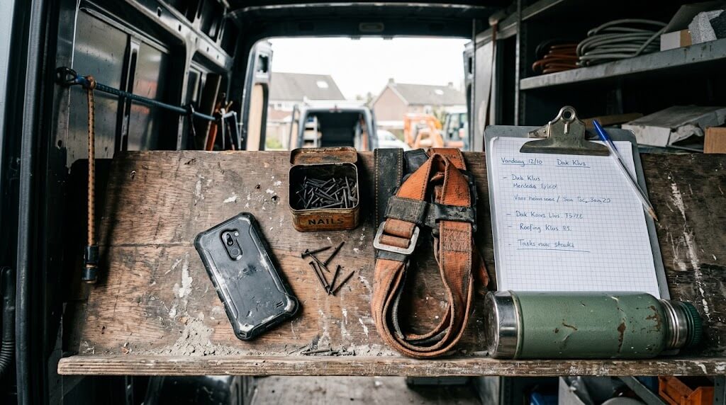 Dakdekgereedschap en telefoon op een werkbusplank