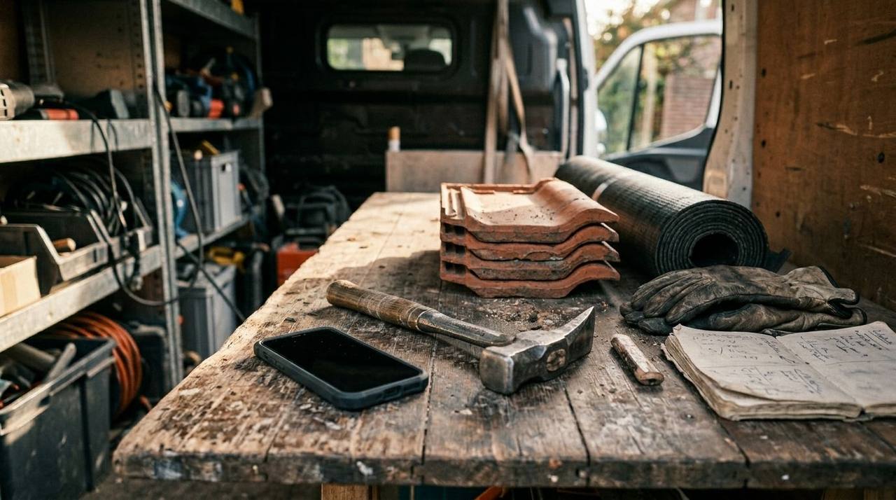 Dakdekker met klembord op een Nederlands hellend dak, naast nieuwe pannen en een aluminium ladder