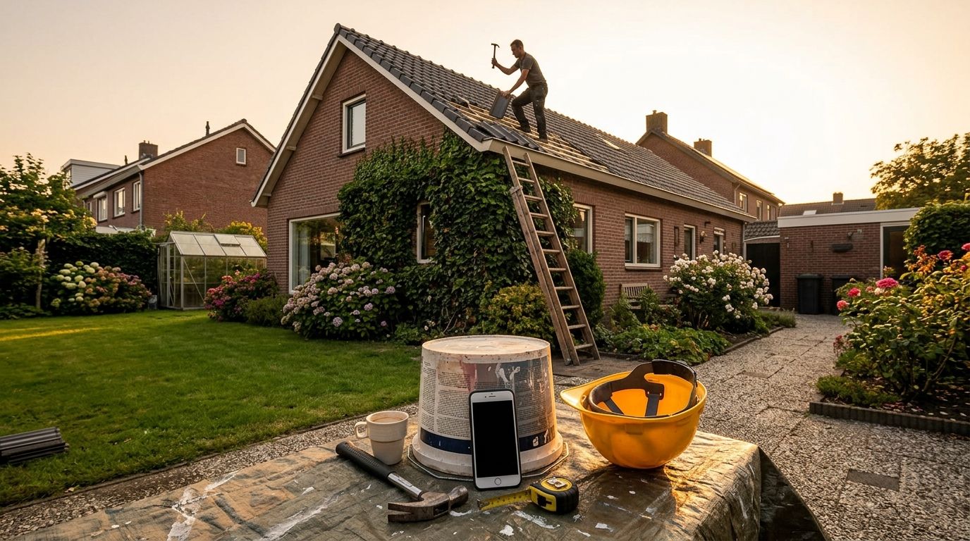 Werkbank-close-up: smartphone met Google Bedrijfsprofiel-melding (geblurde tekst), bouwhelm, schroevendraaier en mok koffie op een houten plank, late namiddagzon