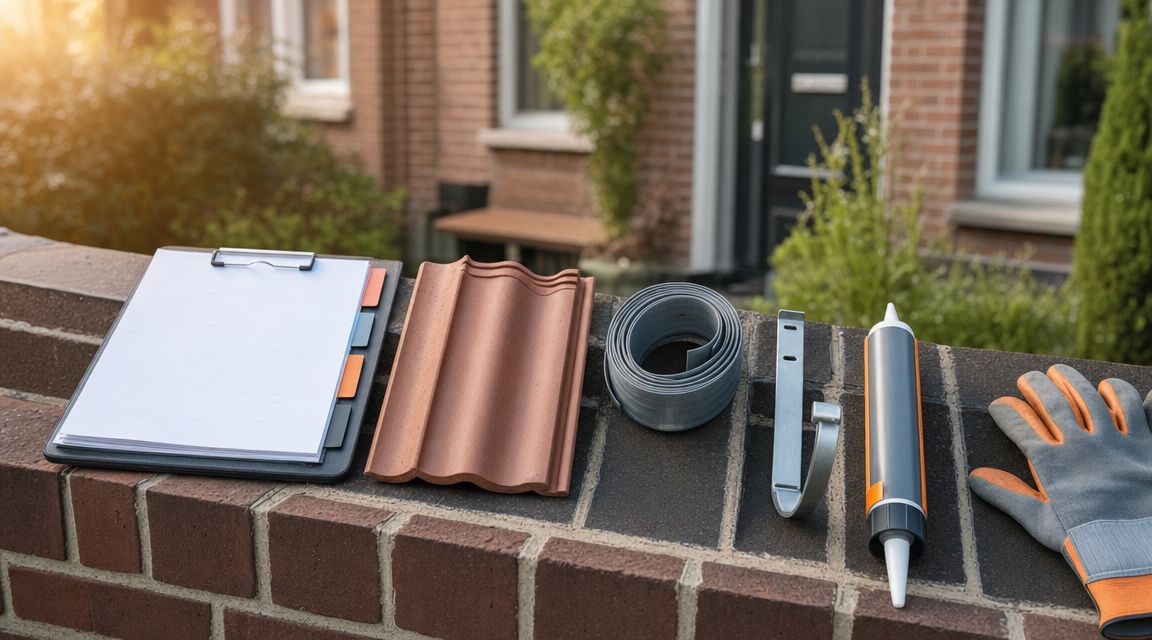 Dakdekkersklembord met gekleurde service-tabs en losse dakmaterialen apart gegroepeerd op een lage tuinmuur
