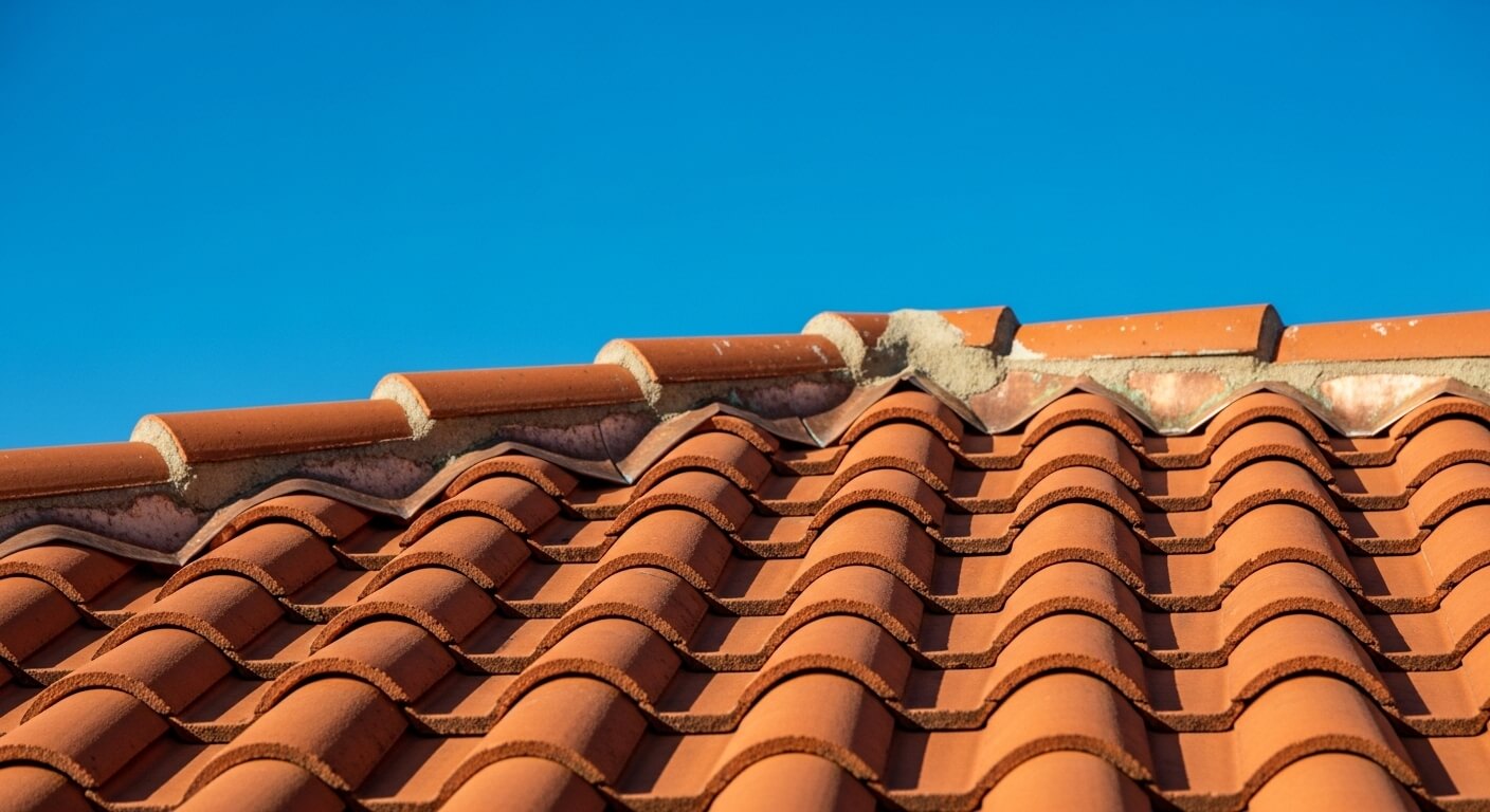 Nieuw aangelegd dakpannen dak op een Nederlands woonhuis met blauwe lucht