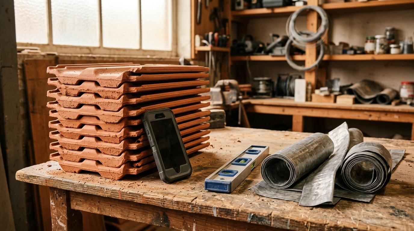 Gereedschap en dakpannen uitgestald op een dakkap