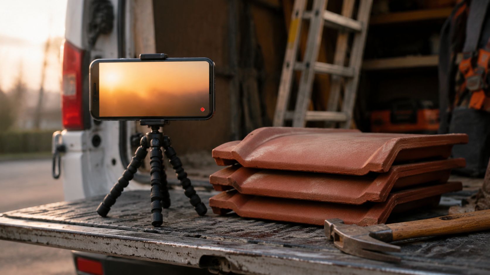 Dakdekker filmt met de telefoon een net herstelde dakpannenrij, voor-en-na in beeld