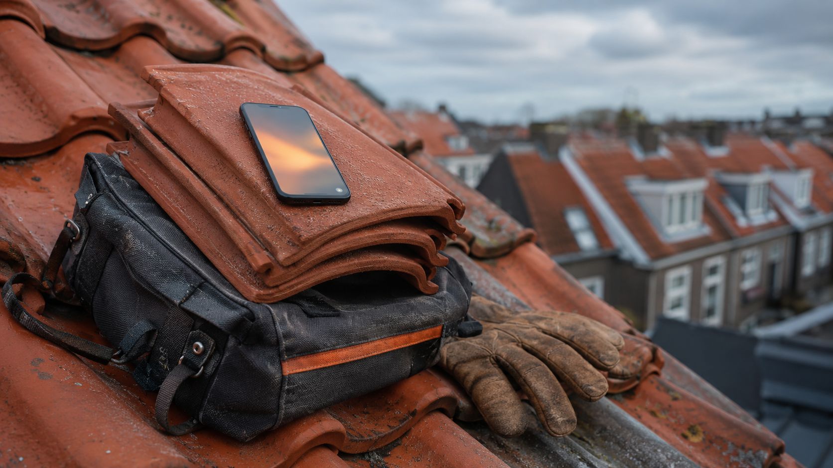 Bovenaanzicht van een werktafel met een telefoon die een binnengekomen dakaanvraag toont, een geopende weekagenda en een dakpan als presse-papier