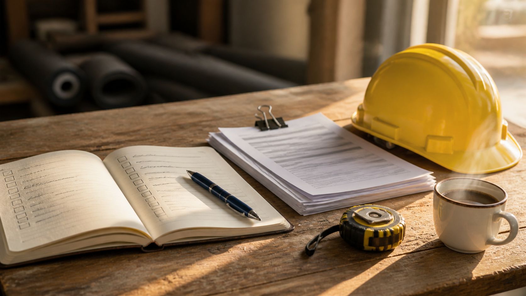 Een notitieboek met handgeschreven toestemmingsformulier op een dakdekker-werktafel naast een blauwe pen, een gele bouwhelm, een opgevouwen offerte-stapel en een houten lat in zachte ochtendzon