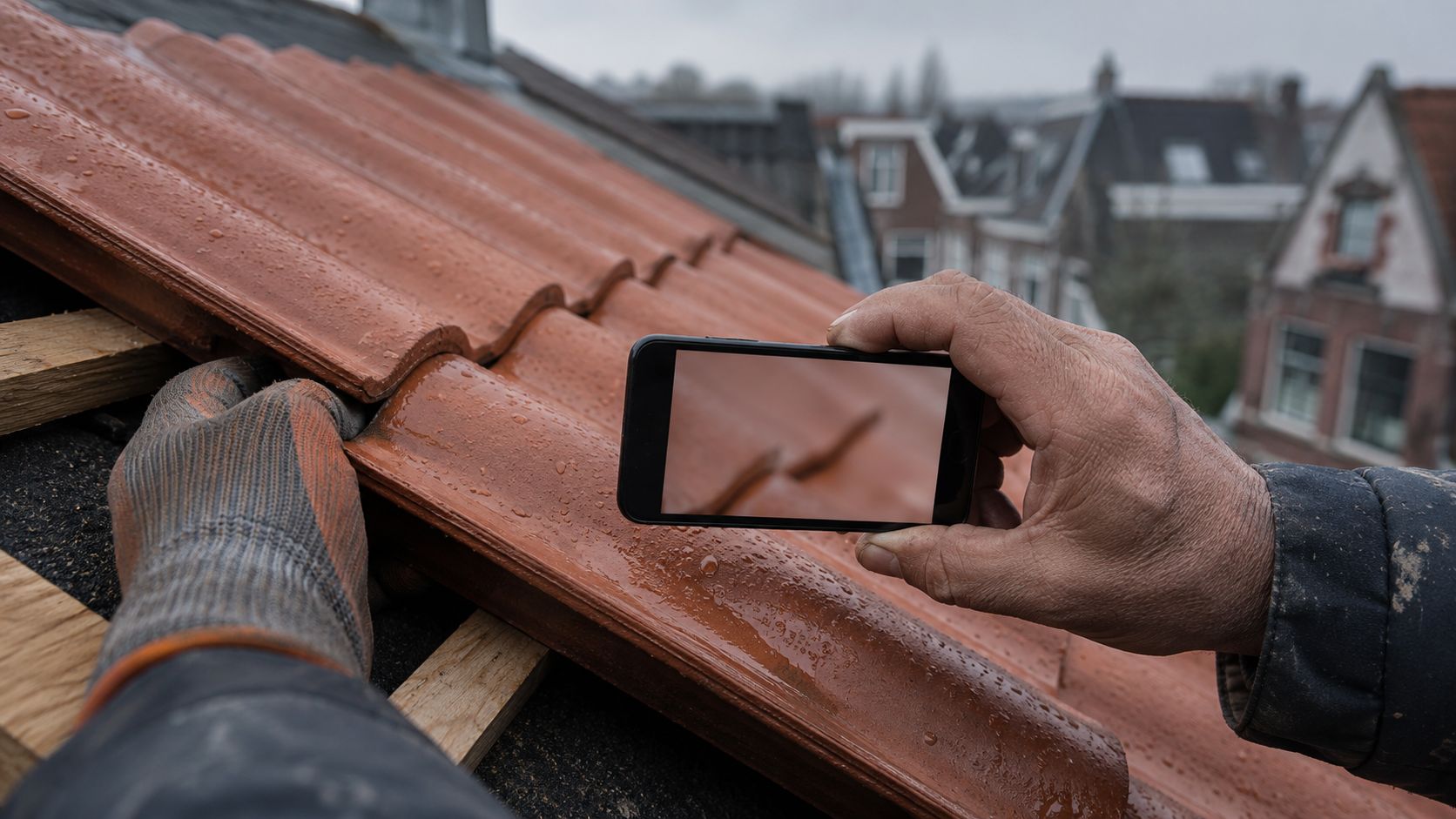 Dakdekker maakt met een telefoon een close-upfoto van een pas gelegde rij dakpannen