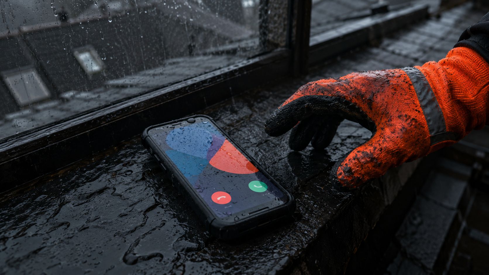 Smartphone naast dakdekkersgereedschap op een natte dakrand tijdens een storm