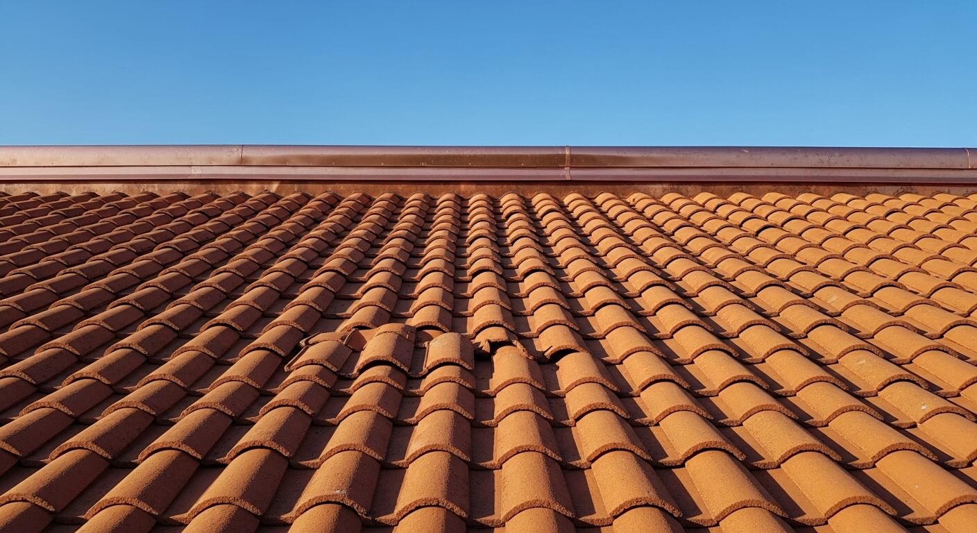 Rood pannendak op een Nederlands woonhuis met blauwe lucht