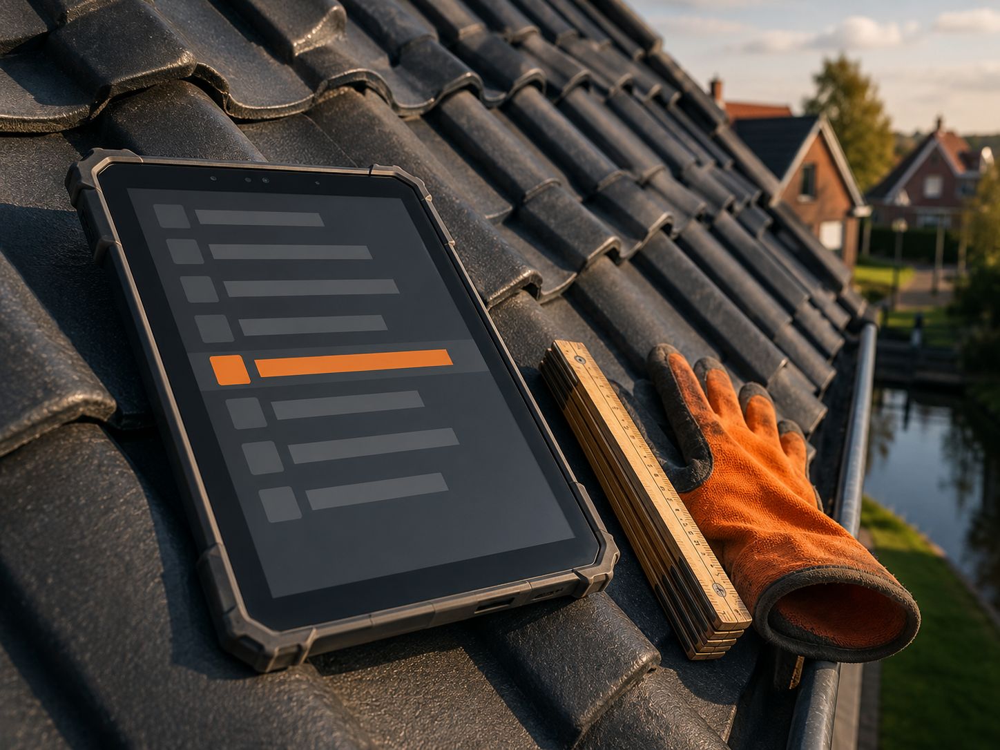 Dakdekker legt op een tablet de onderhoudsinterval per adres vast bij een dakraam