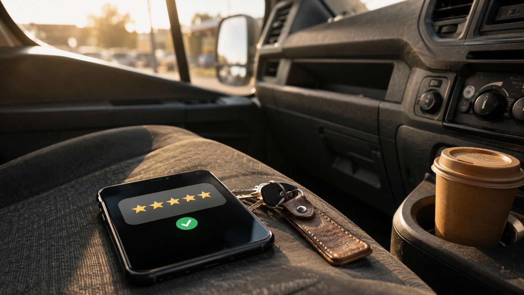 Smartphone met een Google review naast dakdekkersgereedschap op een werkbank