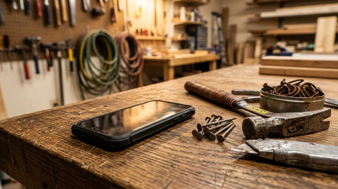 Smartphone naast dakdekkersgereedschap op een werkbank