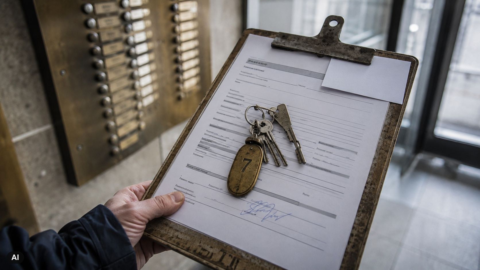 Klembord met een ondertekend onderhoudsrapport, een visitekaartje en een sleutelbos met genummerd label in de hal van een appartementencomplex