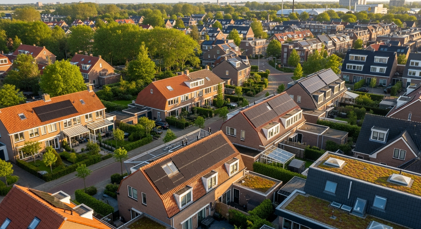 Luchtfoto van Nederlandse wijk met diverse daken en zonnepanelen