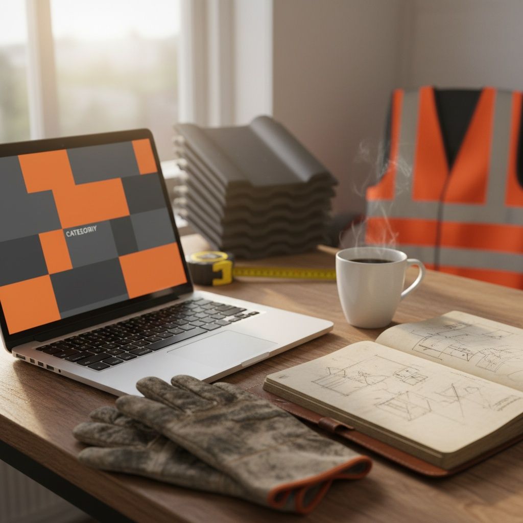 Open laptop op rommelig bureau met dakdekkerslogboek, kop koffie en handschoenen ernaast