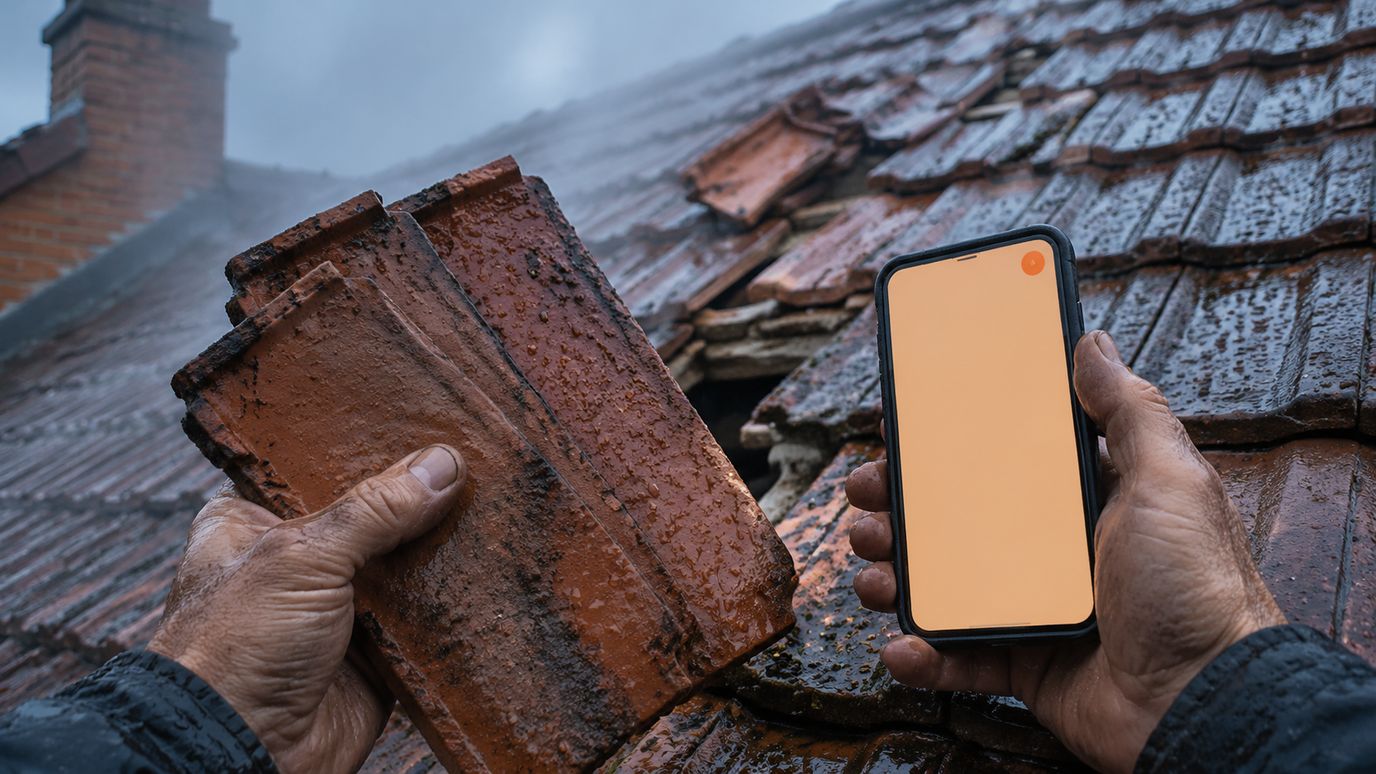 Dakdekker werk-pickup met regen en telefoon-melding tijdens stormschade-piek