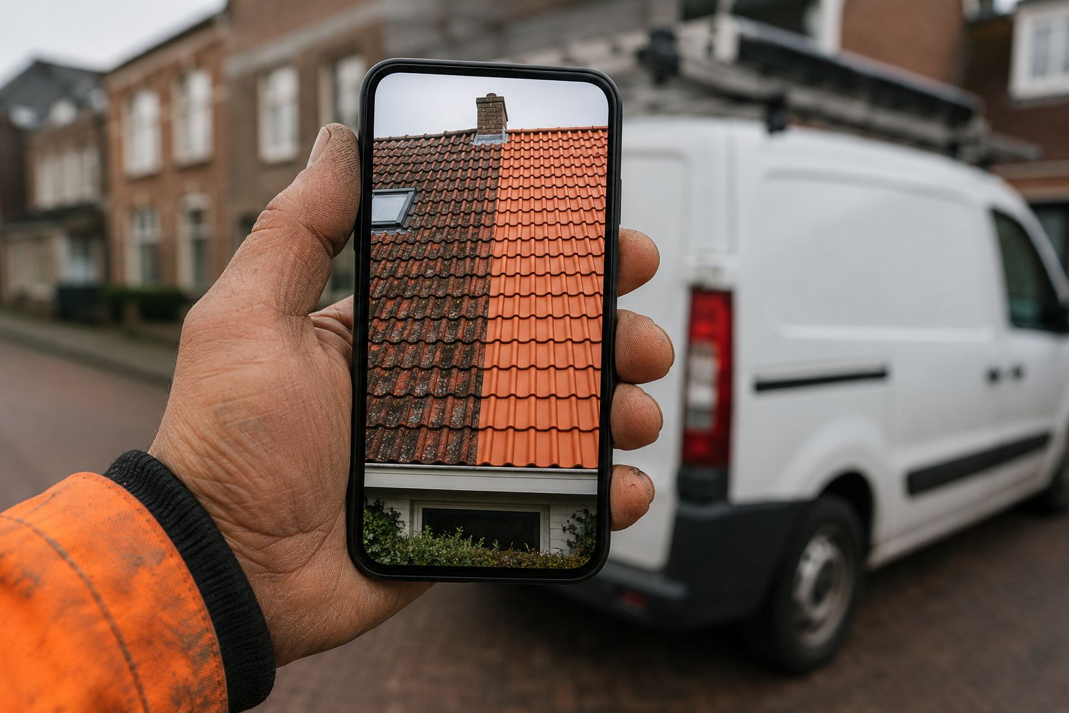 Dakdekker houdt een smartphone vast met een voor-en-na video van een dak, witte bedrijfsbus op de achtergrond