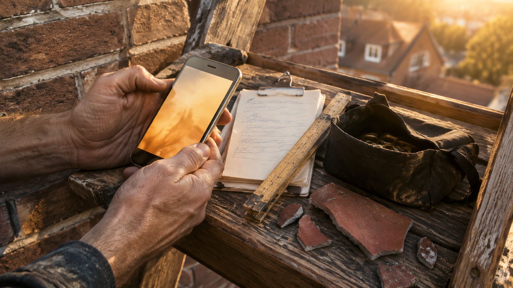 Dakdekker maakt schaderapport-foto van dakpannen na storm met smartphone in de hand