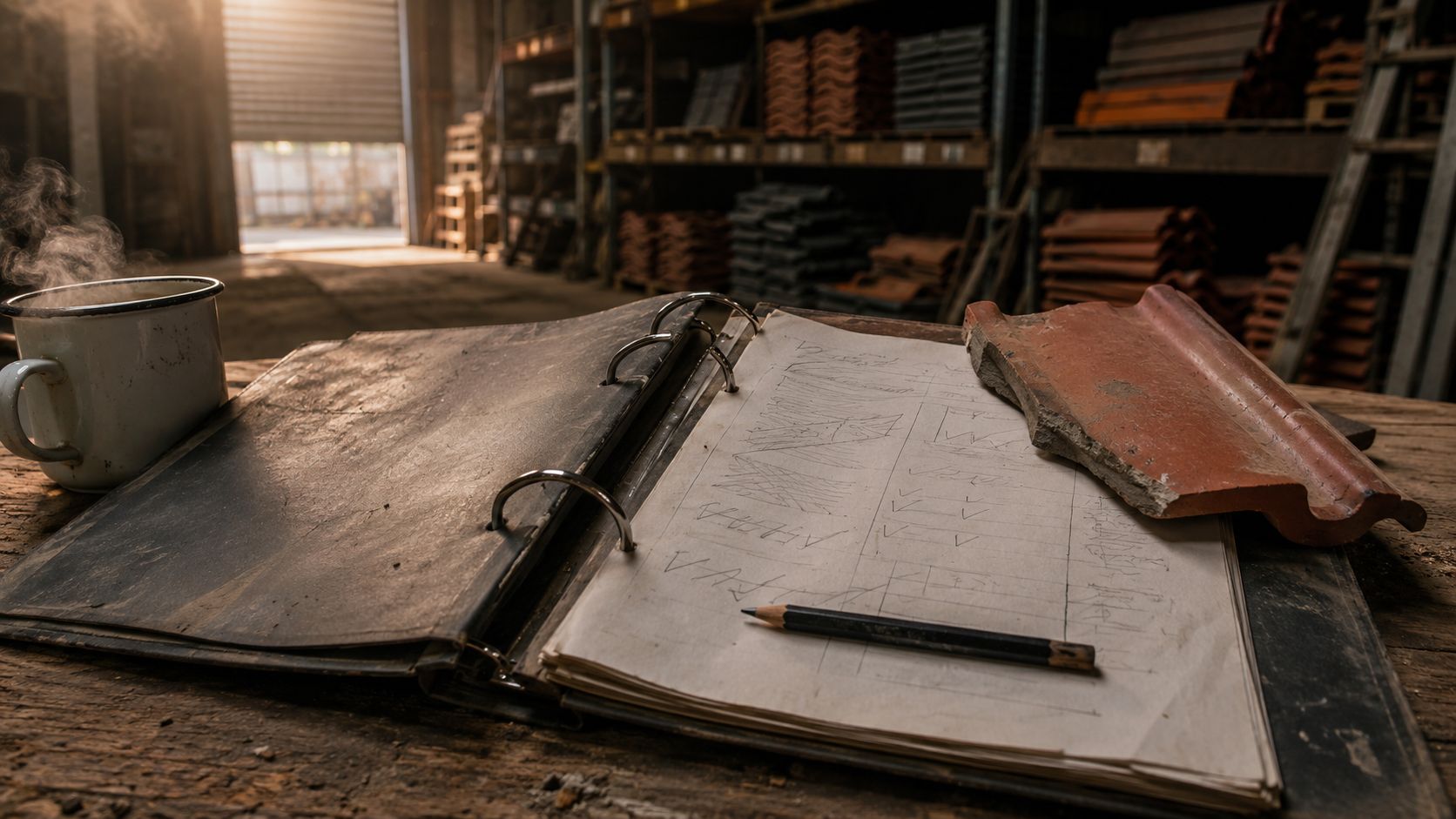 Opengeslagen werkmap op een werkbank in een dakdekkersloods, met een gebroken dakpan als presse-papier
