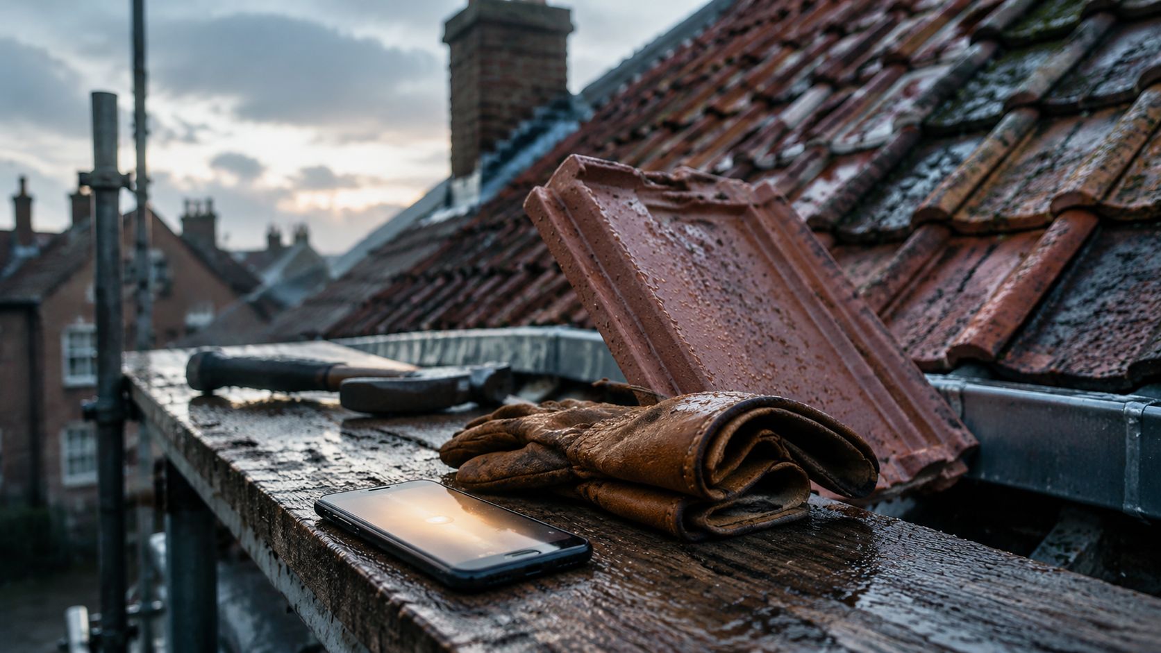 Close-up van een telefoon met binnenkomende oproep op een dekkleed naast dakdekkersgereedschap