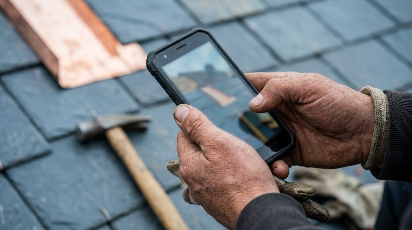 Dakdekker maakt een foto van een net afgewerkt dak met smartphone