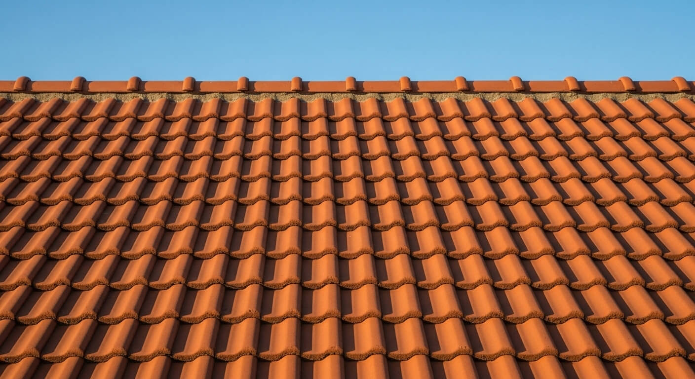 Rood pannendak met schoorsteen op een Nederlands woonhuis, blauwe lucht
