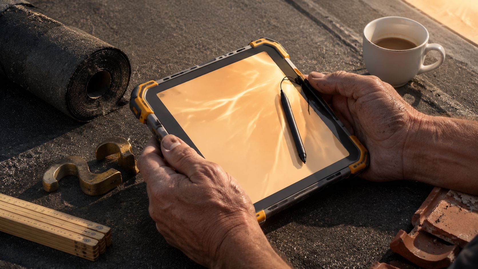 Dakdekker met rugged tablet en koffiekop op werkplek-tafel naast lood-haakjes