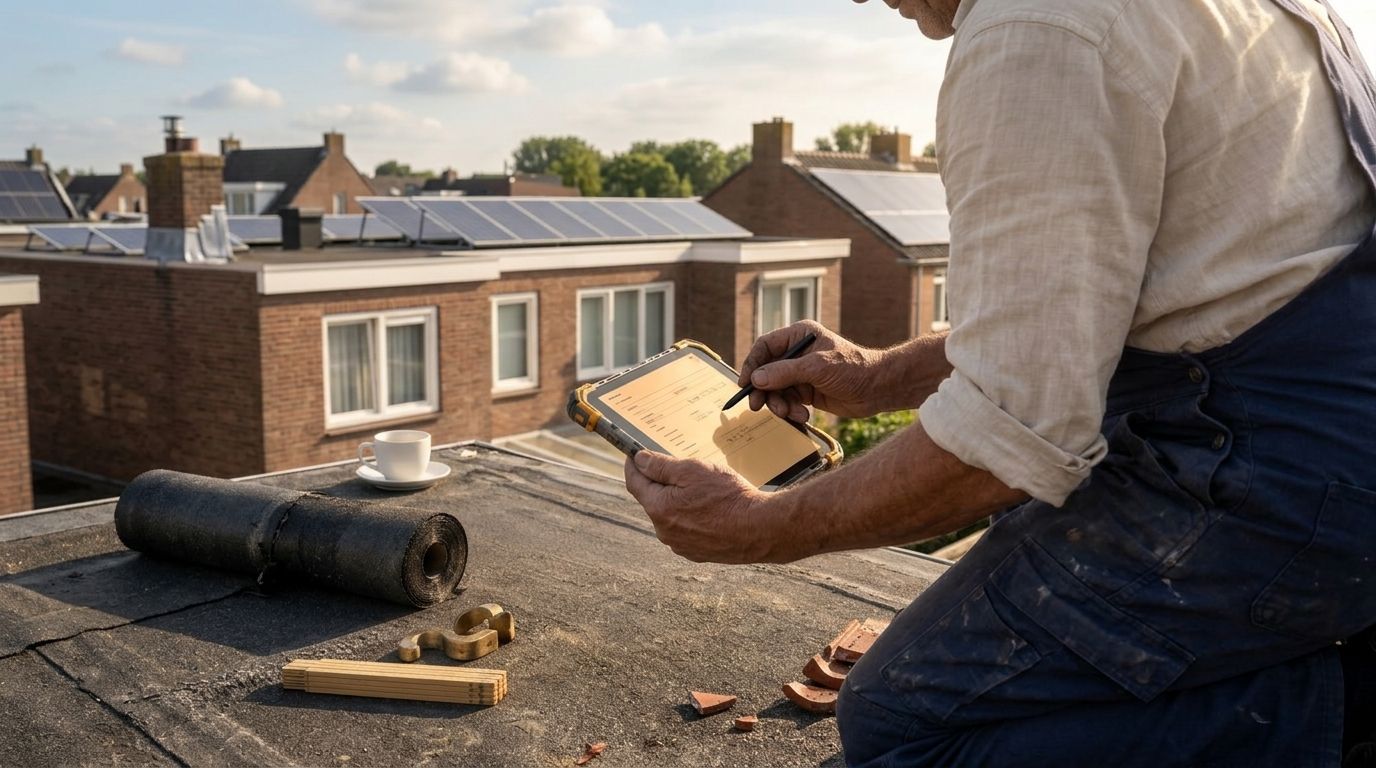 Werkbon op het dak: tablet plus garantie-rapport