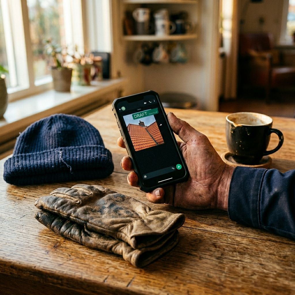 Dakdekker op koffietafel thuis met telefoon met WhatsApp-doorverwijzingsbericht zichtbaar