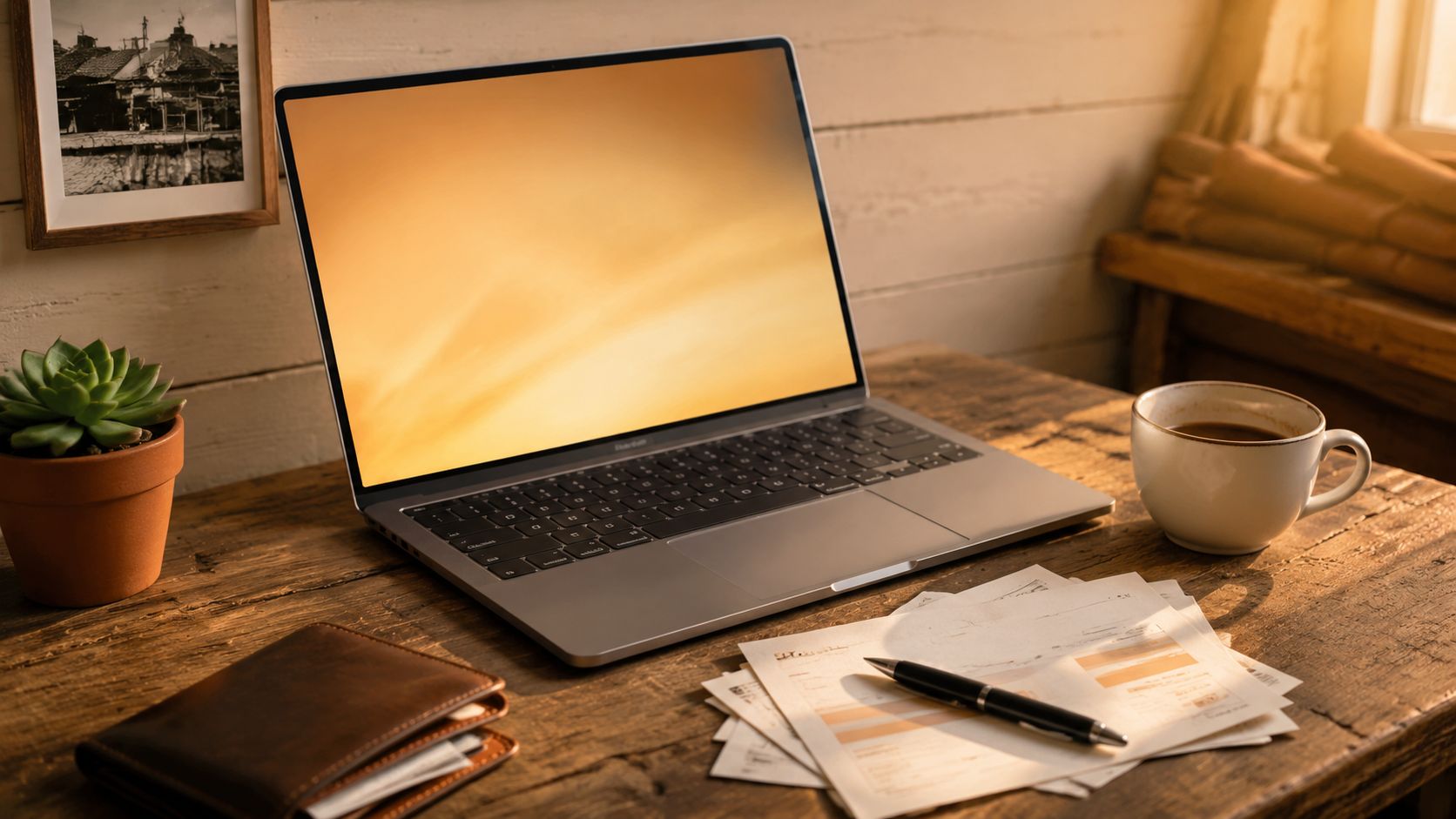 ZZP dakdekker met laptop, factuur-printout en koffiekop op werkplek