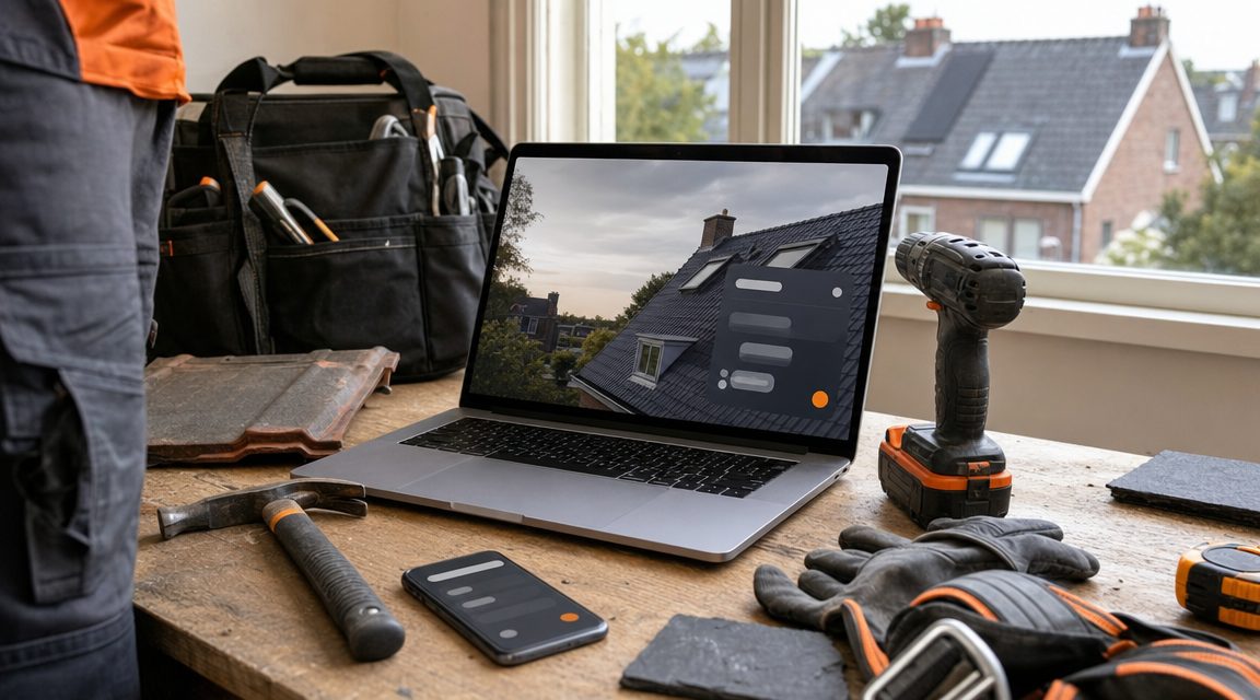 Laptop met chatbot widget voor dakdekker website