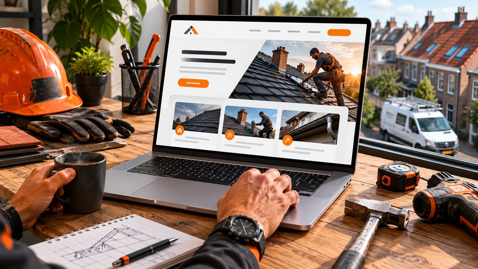 Gratis website voor dakdekkers — laptop met website design