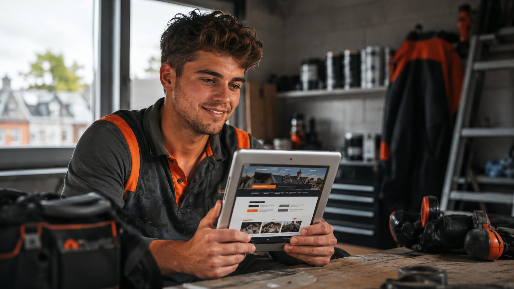 Dakdekkers eigenaar bekijkt nieuwe website preview op tablet